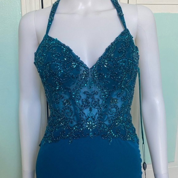 Size 0 Clarisse 8064 Peacock Teal Open Back Side Slit Dress Prom Gown NWT - Picture 2 of 5